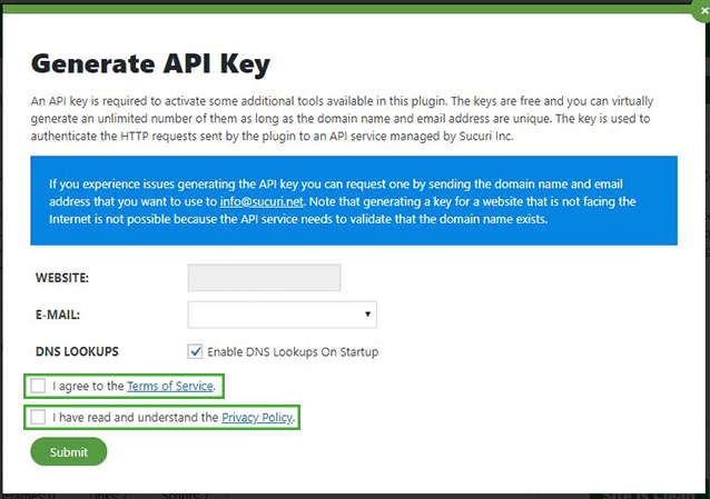  Sucuri plugin generate API key popup