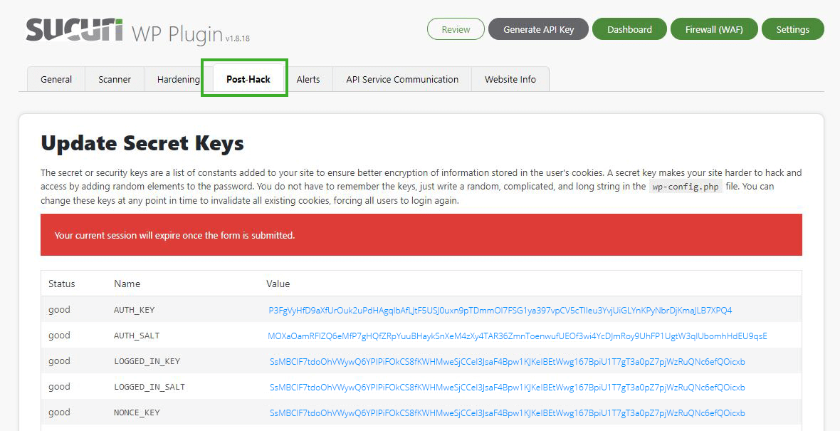 Sucuri plugin settings post hack menu and update secret keys