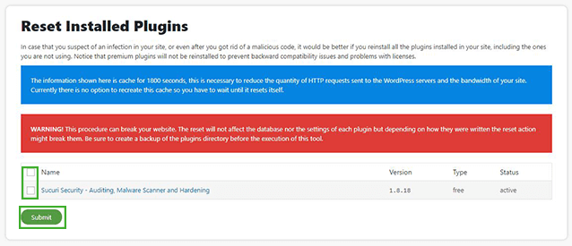 Sucuri plugin settings post hack reset installed plugins