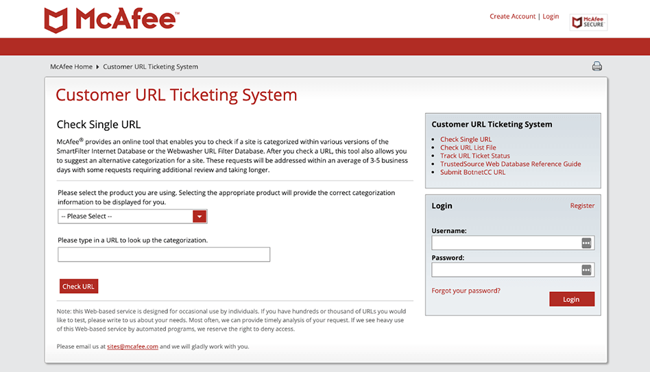 Mcafee Customer URL Ticketing System