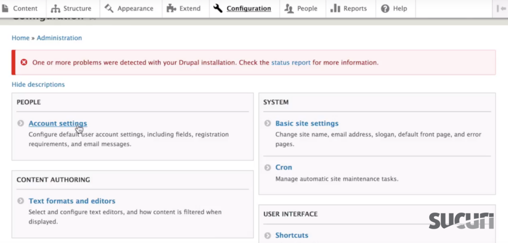 Click on Account Settings under People - Drupal