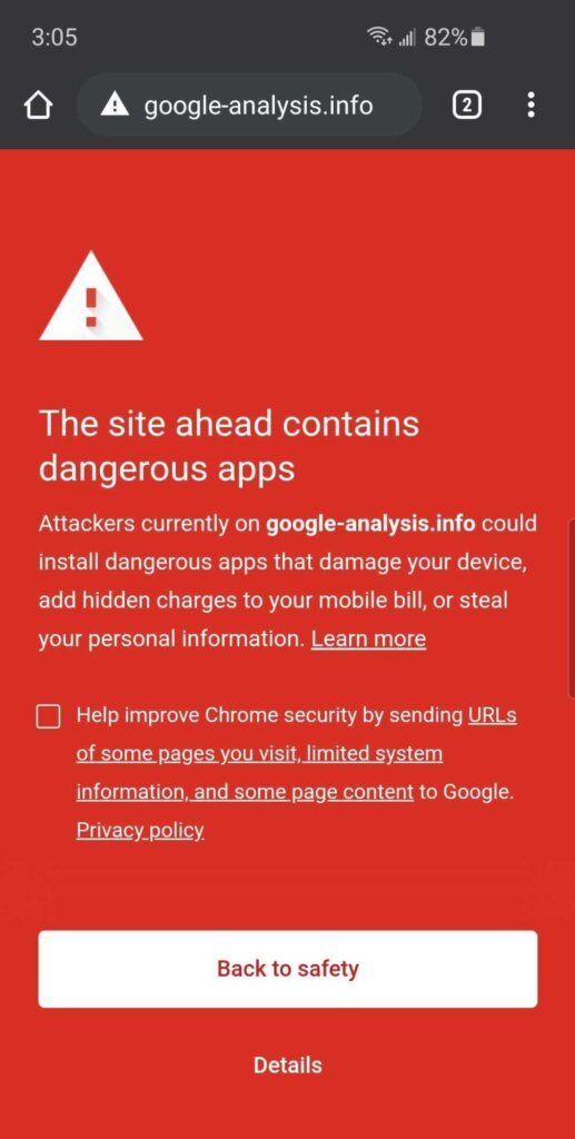 Chrome Mobile - The site ahead contains dangerous apps