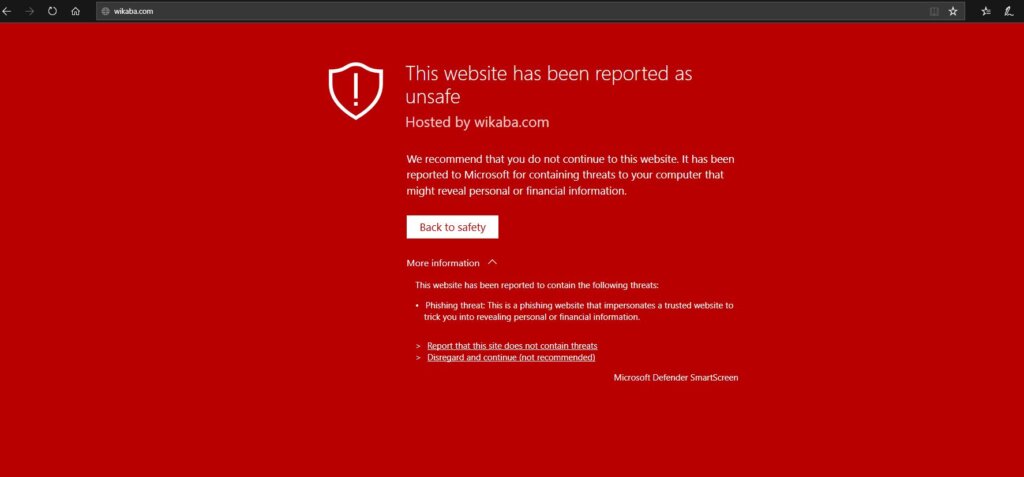 IE/Edge - This website has been reported as unsafe
