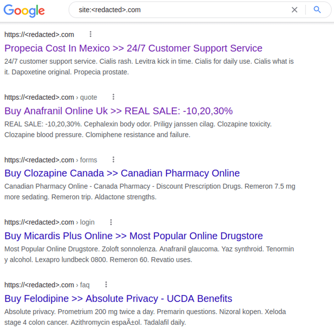 Example of pharmaceutical spam in Google search results after a website is hacked