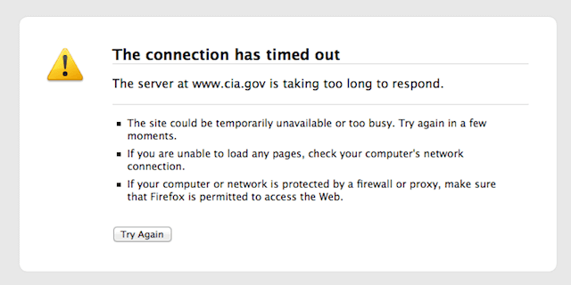 Example of a connection timeout error you may encounter during a DDoS attack.