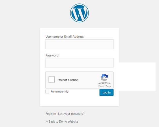 Example of captcha on a WordPress admin login page