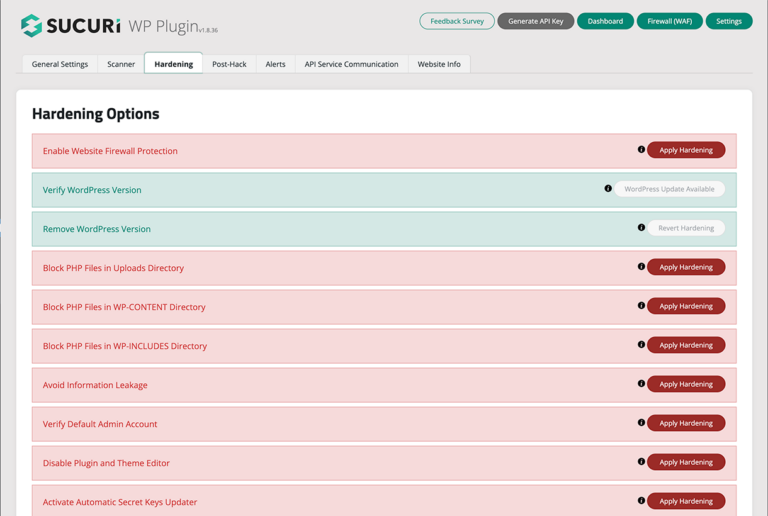 Sucuri WordPress Plugin guide Hardening Options