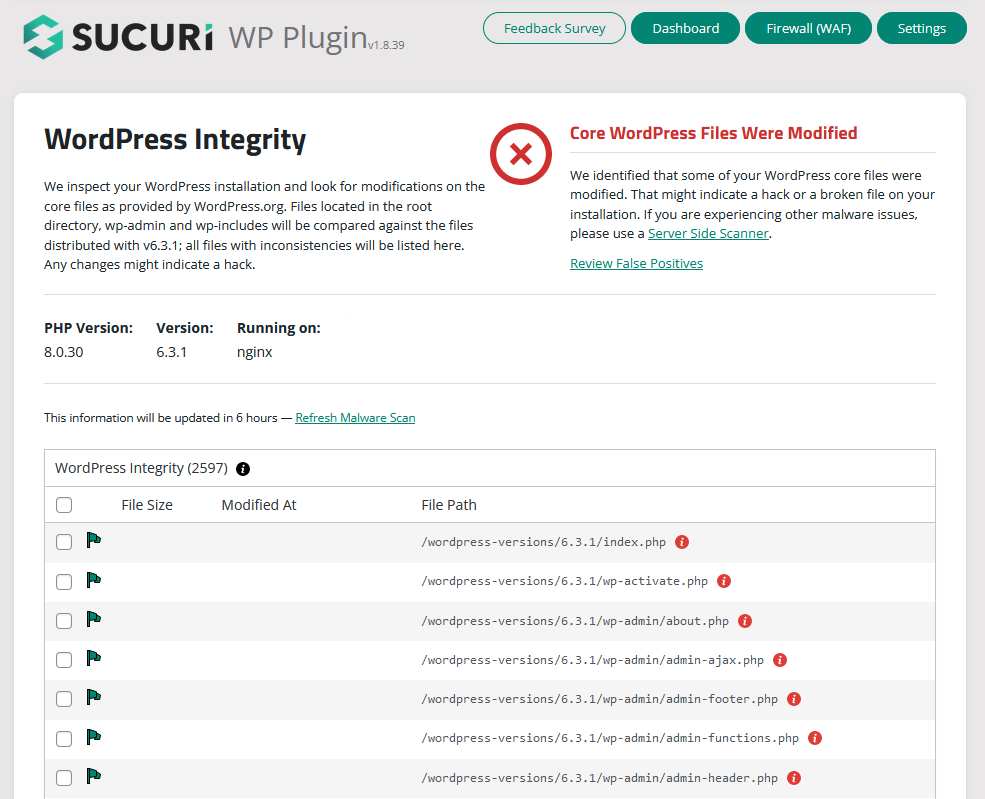 Sucuri WordPress Plugin Core WordPress Files Modified