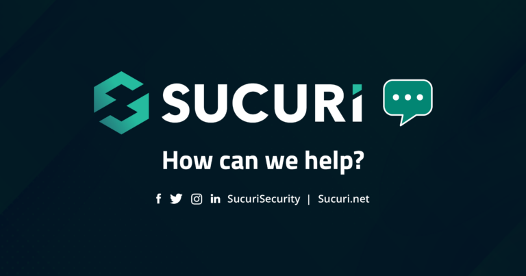 Sucuri branding with the phrase "How can we help?" inviting users to reach out for website security support and inquiries.