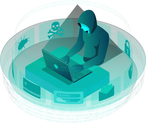 Person in a hoodie working on a laptop, surrounded by digital icons like malware, skull and crossbones, and a padlock, symbolizing cybersecurity threats. The image highlights the importance of website protection and threat mitigation with Sucuri’s security platform.