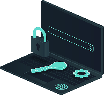 Laptop with search bar, padlock, key, and gear icon—symbolizing Sucuri’s website blocklist removal and repair services for compromised WordPress sites.