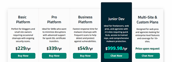 Visual showing step one of Sucuri’s website cleanup process: selecting a security plan with guaranteed protection and no hidden fees. Highlights the ease of choosing a plan tailored to website needs.