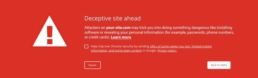 Exemplu de avertizare Chrome pentru site-ul web înșelător